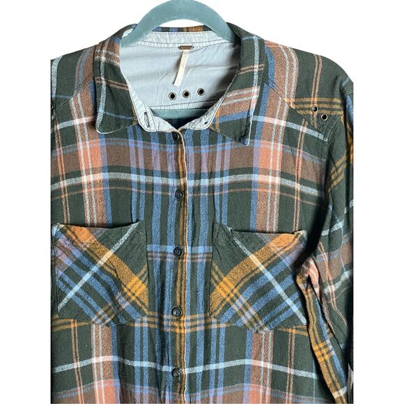 Free People Women’s M Plaid Button Down Shirt Top Linen Cotton Blend Boho - Picture 4 of 6